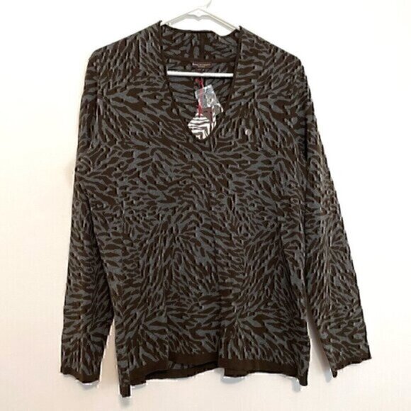 NEW NWT DANA BUCHMAN Dark Brown Gray Zebra Animal Collared V-Neck Cotton Sweater - Picture 1 of 12